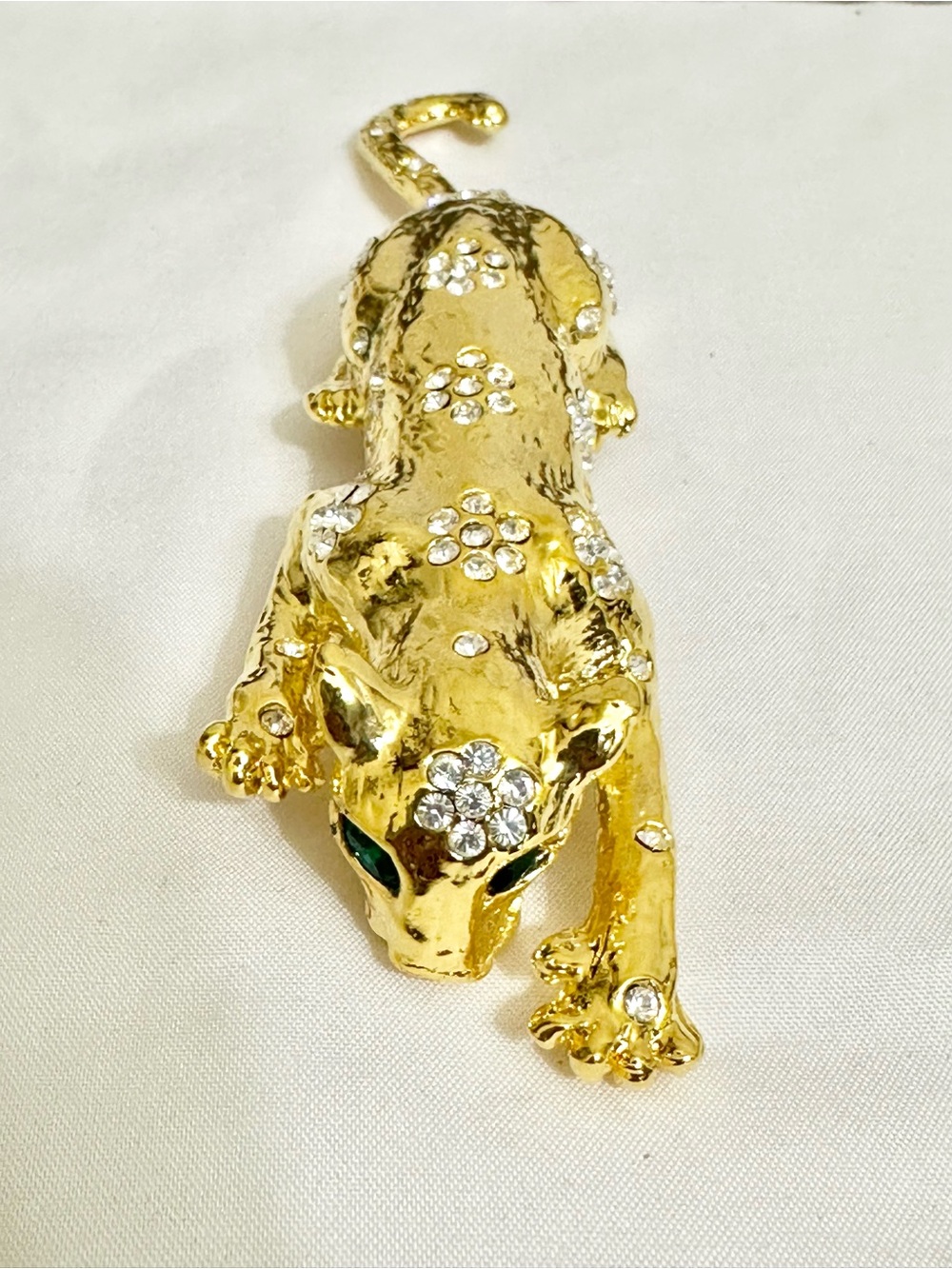 Vintage Gold-Plated Crystal Leopard Brooch w/ Green Crystal Eyes
